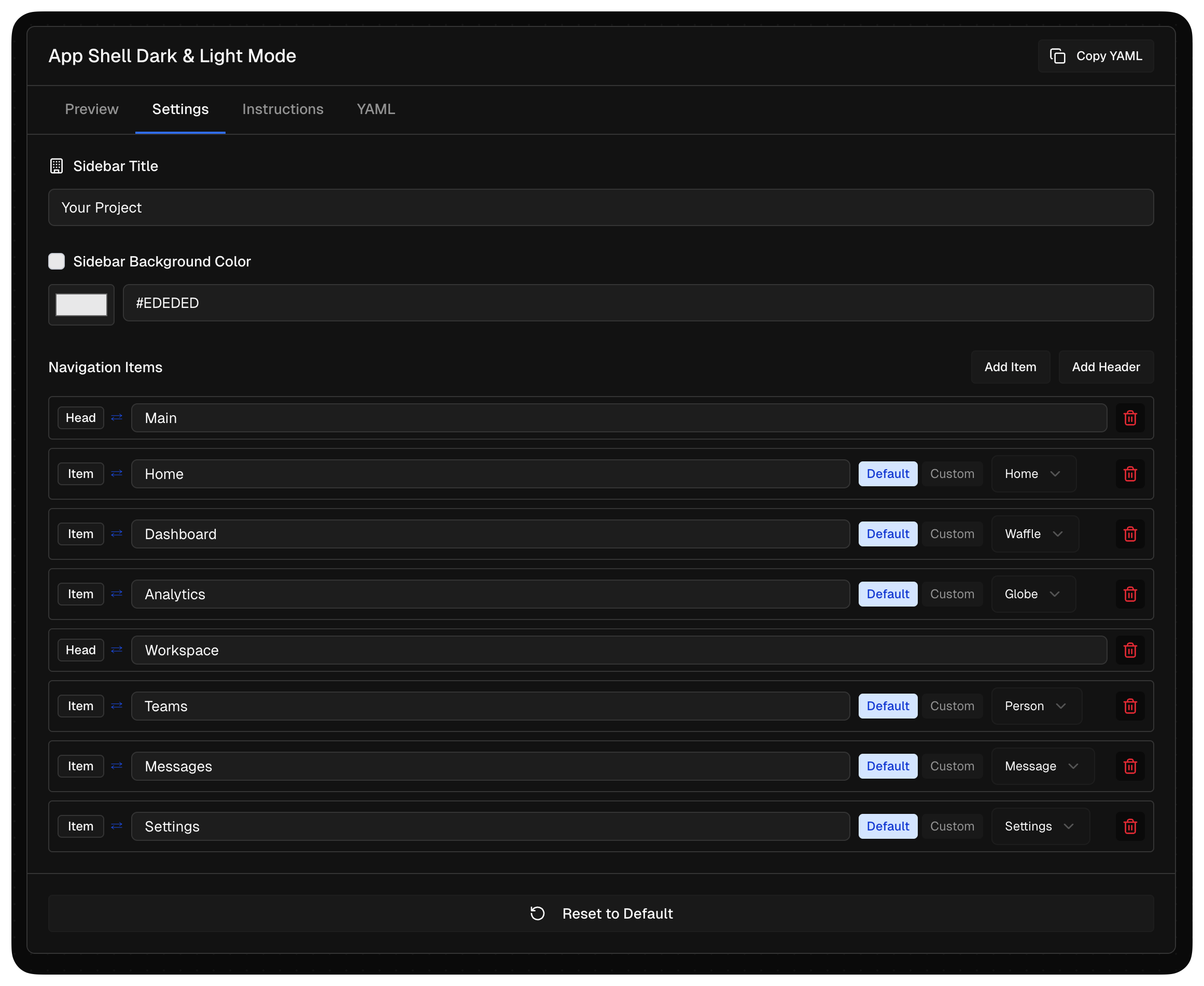 App Shell settings panel in PowerLibs