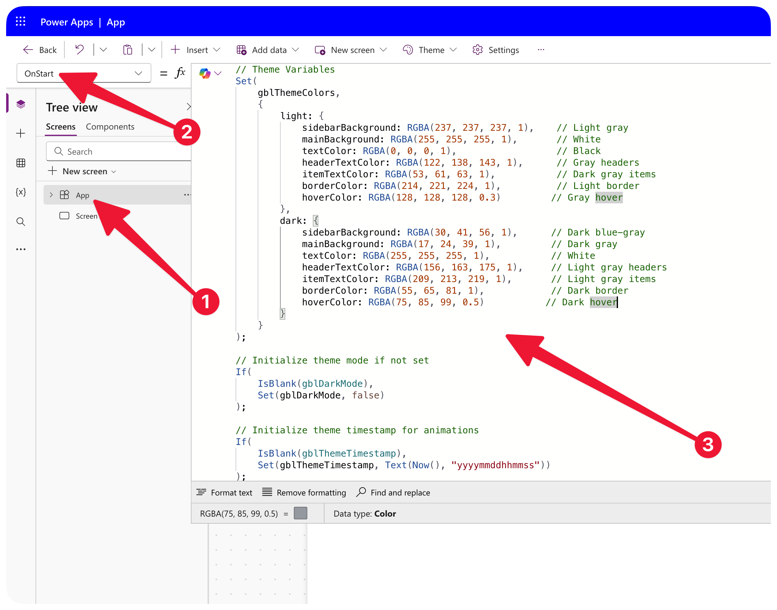 Where to find OnStart property in Power Apps Studio
