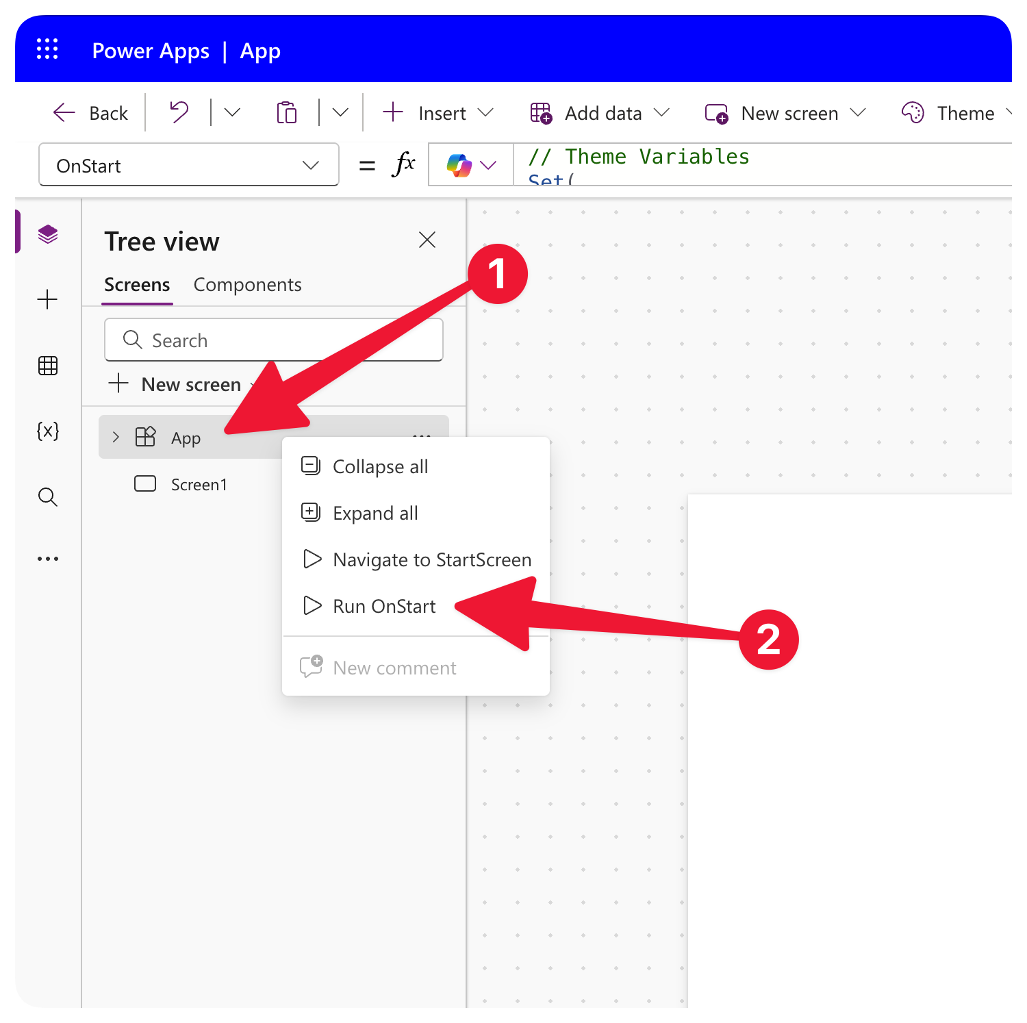 Run OnStart menu option in Power Apps Studio