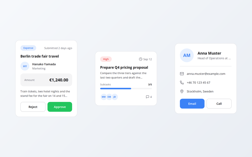Approval, Task and Contact cards