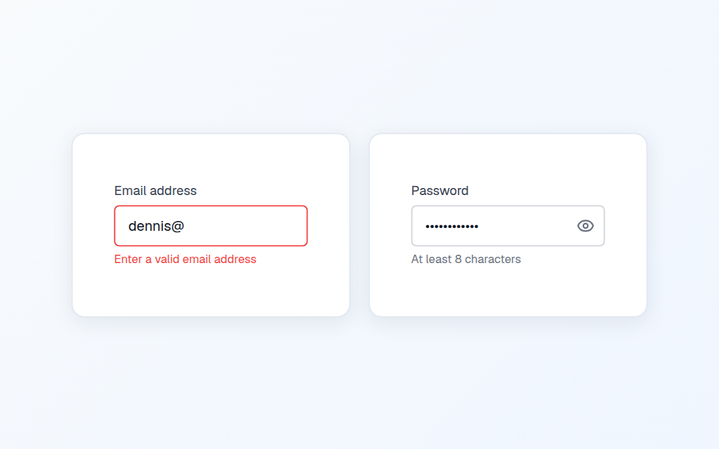 Email validation and a password field with a reveal toggle